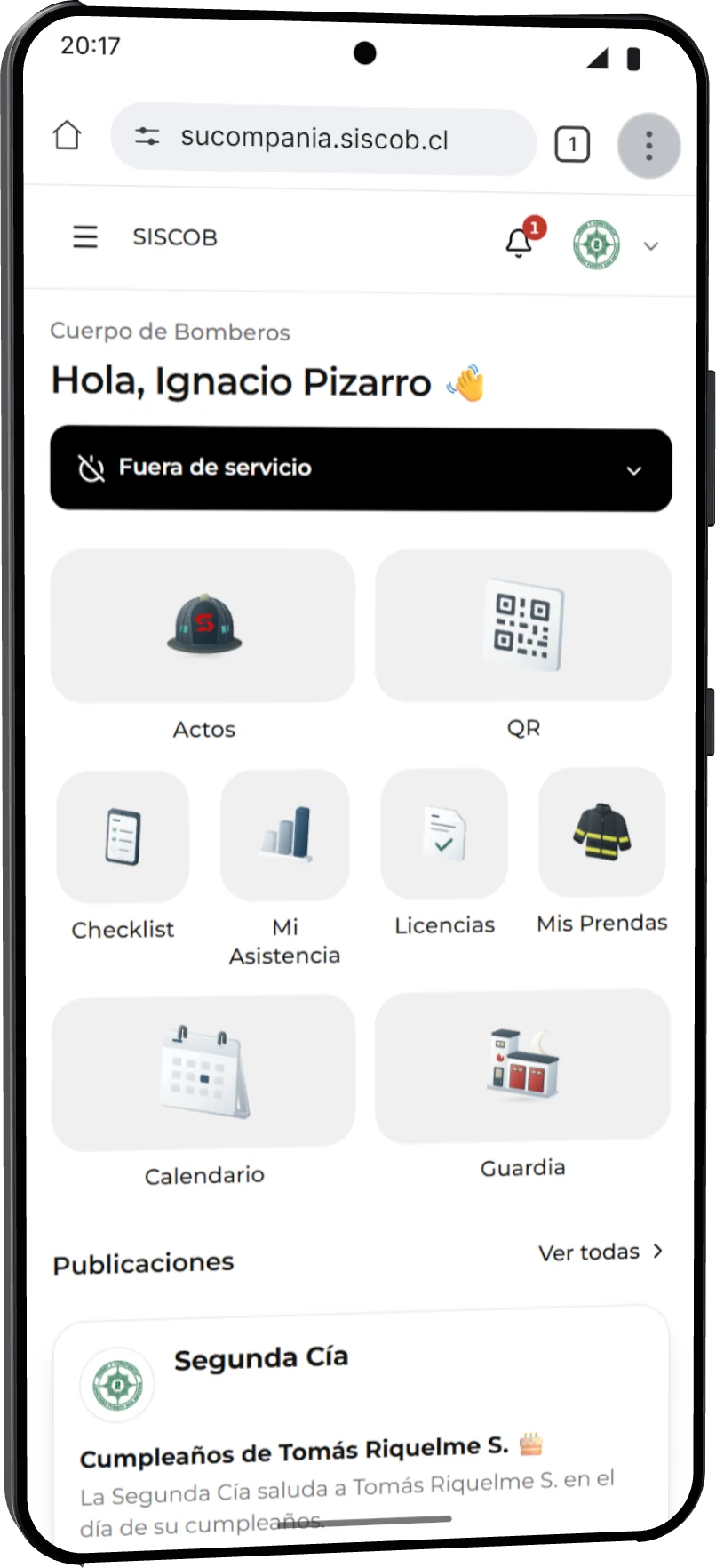 Teléfono Android con SISCOB abierto en Chrome en la dirección sucompania.siscob.cl; el dedo toca el menú de los tres puntos.