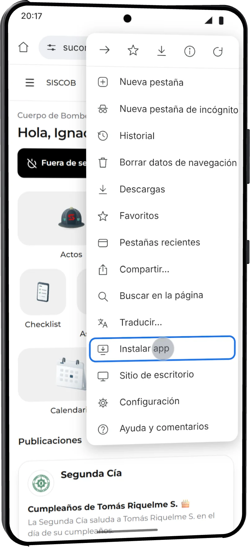 Menú de Chrome abierto sobre SISCOB con la opción Instalar app destacada y el dedo sobre ella.