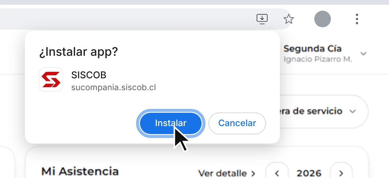 Primer plano de la ventana ¿Instalar app? con SISCOB y la dirección sucompania.siscob.cl; el puntero sobre el botón Instalar.