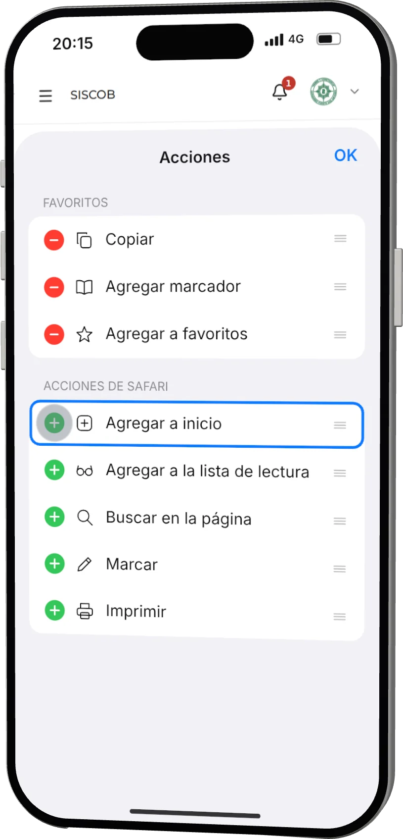 Pantalla Acciones de Safari: el dedo toca el botón verde de agregar junto a Agregar a inicio.