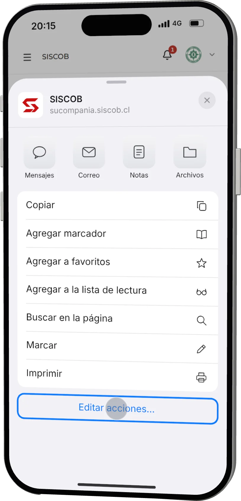 Hoja de Compartir sin la acción Agregar a inicio; el dedo toca Editar acciones al final de la lista.
